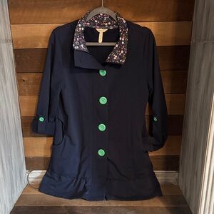 Matilda Jane Navy Trench Ruffle Coat with Green Buttons and Floral Collar Detail